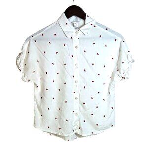 Japna White Ladybug Print Cropped Short Sleeve Button Up Shirt Women's Size XS